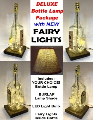 YOUR CHOICE Liquor Bar Bottle Table LAMP w/ BURLAP Shade FAIRY LIGHTS & LED Bulb