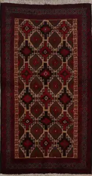 Brown Geometric Tribal Style Balouch Afghan Hand-Knotted Accent Rug 3x6 ft