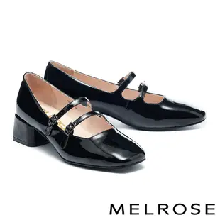 高跟鞋 MELROSE 美樂斯 復古品味雙繫帶亮漆皮瑪莉珍方頭高跟鞋－黑