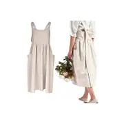 Cotton Linen Aprons Cross Back Apron with Pockets for Women with Pockets Pinafore Dress for Baking Cooking-Beige