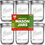 SEWANTA Wide Mouth Mason Jars 16 Oz 5 Pack with Mason Jar Lids