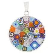 GlassOfVenice Murano Glass Millefiori Pendant "Multicolor" in Silver Frame 7/8"