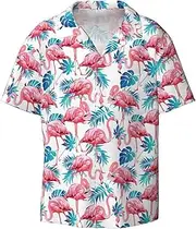 [VPPUR] Flamingo Bird Green Plant Leaf Print Fashion Short Sleeve Button Down Cuban Collar Shirt Left Chest Convenient Pocket