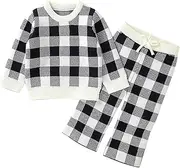 [Generic] Autumn and Winter New Baby Checkerboard Checker Knit Round Neck Top + Wide Leg Pants Pants Suit Two PC Set Baby Blanket for Girls (Black, 12-18 Months)