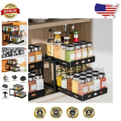 Compact Modern Spice Rack Organizer - 2-Tiers, Smooth Slide-Out, Black Finish