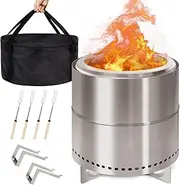 GreenVines Smokeless-Firepit | 15-Inch | Stainless-Steel-Fire-Pit | Portable Outdoor Pits with Stand for Camping | Solo Wood Burning Bonfire | Low Smoke Stove | Bag & Sticks & Holders