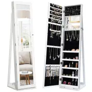Costway Rotating Jewellery Cabinet Storage Organizer Full-Length Mirror Lockable Armoire White