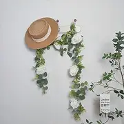Artificial Fake Hanging Garland Plant with White Rose Flowers for Wedding Table Wall Decorations, 2 Packs Silk Artificial Eucalyptus Leaves Garland for Indoor Outdoor Garden Party Decor