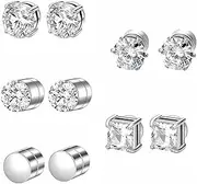 [HFMYGS] 5 Pairs Magnetic Earrings, Silver Stud, Magnetic Back, Zirconia Stones, Round/Square, 10 Count