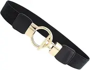 [AKOOSY] 1Pc Wide Elastic Waist Belt with Golden Round Pin Buckle Solid PU Cinch Belt for Fashionable Outfits for Jeans Dresses Shorts and Trousers Black