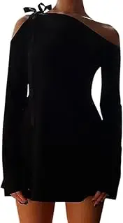 [Generic] Women's Shoulder Tie Long Sleeve Asymmetrical Dress Boat Neck Mini Cocktail Dresses