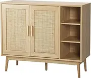 OIKITURE Shoe Storage Cabinet - 4-Tier Wooden Shoe Organiser with Rattan Doors, Shoe Cabinet with Adjustable Shelves, Freestanding Shoe Rack for Front Door Entryway