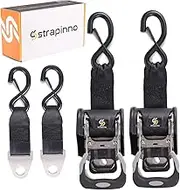 STRAPINNO 2PCS Stainless Steel Retractable Ratchet Straps (1 7/8 in x 4 ft) Heavy Duty Transom Tie-Downs with Extension Straps, Bolt Set & Safety Latch S-Hooks,for Boat