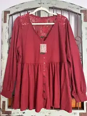Torrid Red Texture Jersey Lace Babydoll Blouse. Torrid Plus Size 3 or 3X
