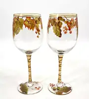 Pier 1 set of 2 hand painted 19 oz. Autumn Leaves Wine Glasses Thanksgiving stem