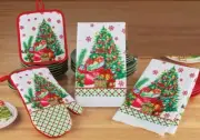 4pc Set:1 POT HOLDER,1 OVEN MITT&2 TOWELS,DECORATED CHRISTMAS TREE&SNOWFLAKES,CE