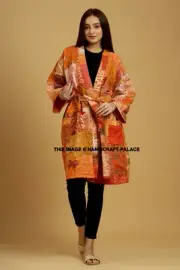 Silk Patchwork Cotton Kimono Kantha Bath Robe Night Wear Long Jacket Coat Dress