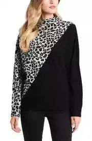 MSRP $69 Vince Camuto Leopard Jacquard Mix Print Long Sleeve Top Size XS