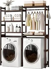 Cozivolife Over The Washer and Dryer Storage Shelf Bamboo,5 Tiers Laundry Room Drying Rack with Adjustable Shelves and 4 Hooks,Space Saver Organizer for Hanging Clothes and Towels (Brown)