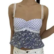 Gingham Plaid Floral Print Lace -Trim Crop Cami Top Purple - L