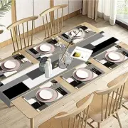 Black Grey Table Runner and Placemats Set of 6, 13"x72"+12"x18" Geometric Grey