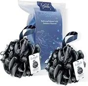 Bath Shower Pouf - Bamboo Charcoal Infused Large Mesh Sponge Loofah Ball 75g - Body Scrubber - Cleansing and Exfoliating - for Men Women Kids (2-Pack 75g)
