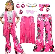 XonyiCos 8 Pcs Girls Kids 60s 70s Hippie Costume Disco Outfits Fringe Vest Boho Bell Bottoms Hippie Outfits Accessories Set