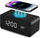 Wooden Digital Alarm Clock with Wireless Charging, 3 Alarms LED Display, Sound