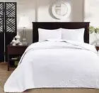WHITE XXL 3pc Queen BEDSPREAD SET : COTTON FILL MATELASSE QUILT COVERLET