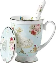Krysclove Delicate Tea Cup and Lid and Spoon Set Royal Fine Bone China Coffee Mug Print Cup 11oz Ceramic Teacups (Light Blue)
