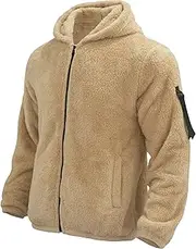 [Qolkmuiy-GJ] Men's Fleece Zipper Sweater Hooded Casual Warm Fall Winter Coats Outwear Fluffy Fuzzy Sherpa Fleece Jacket, Khaki, Small