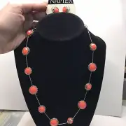 Vintage Napier Necklace and Post Earrings Orange/Coral Faceted Gold Tone NEW