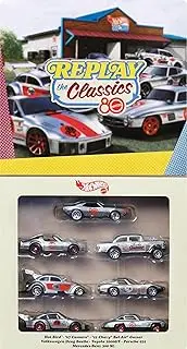 Hot Wheels Toy Car 7-Pack, Set of 7 Die-Cast 1:64 Scale Retro American, European & JDM Vehicles with Special Mattel 80th Anniversary Deco & Packaging