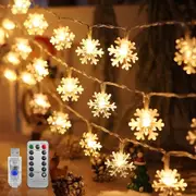 10M 80 LED Christmas Snowflake Fairy Light USB Powered with Remote 2 Modes String Lights Warm White Indoor Outdoor Hanging Snowflakes Decor Xmas Tree
