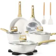 Pots and Pans Set Non Stick - 14 Pcs White Granite Kitchen Cookware Sets Nons...
