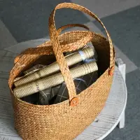 在飛比找樂天市場購物網優惠-草編手提袋 購物籃文藝范野餐籃戶外 手工編織袋買菜籃子