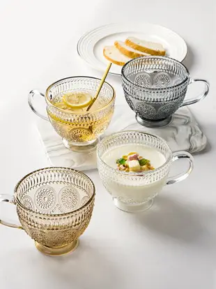 墨色浮雕太陽花玻璃杯早餐杯燕麥杯帶把家用大容量牛奶杯耐熱水杯