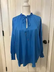 NEW BOSS RELAXED-FIT BLOUSE IN STRETCH SILK WITH TIE FRONT Blue Sz 6