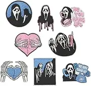 HEYTRCO 8PCS Ghost Iron on Patches, Scary Pink Blue Dark Hang up Embroidered Repair Patches for Clothes, Vintage Custom Badge Heart Applique for Hats, Jeans, Jackets, Bags, Backpacks, Dress, Shoes