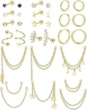 [Sanfenly] 20G Cartilage Earrings Set for Women Huggie Hoop Earrings Flat Back Earrings Star Moon Butterfly CZ Cartilage Stud Earrings Chain Dangle Helix Tragus Piercing Jewelry