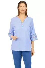 Alfred Dunner Indigo Daze Pinstripe Puff Bell Sleeve Shirt Plus 87640ST