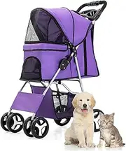 LWWJJ Pet Stroller 4 Wheels, Multifunction Dog Cat Jogger, Folding Lightweight Travel Stroller with Detachable Carrier & Cup Holder for Small/Medium Dogs and Cats, Purple