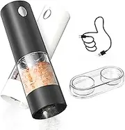 CIRCLE JOY Electric Salt and Pepper Grinder Set Rechargeable Salt and Pepper Mills with Storage Base, Adjustable Coarseness and LED White Light, Washable 95ml Container, Black & White