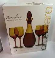 NEW AMBER GLASS BARCELONA DECANTER AND WINE GLASSES SET CIRCLEWARE ENTERTAINMENT