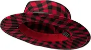 [XuoAz] Women Red-Black Plaid Fedora Hat Classic Wide Brim Red Checkered Panama Felt Fedora Hat