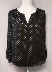 Talbots Petites Women's Black Silver Polka Dot Sheer Ruffle Sleeve Blouse Top MP