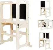 Montessori Mission 4-in-1 Foldable Learning Kitchen Tower, Stool with Chalkboard, Desk, Table & Chair, Montessori Kitchen Stool, Learning & Kitchen Tower for 1-6 Years Old