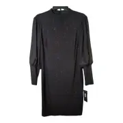 Aidan Mattox Metallic Black Jersey High-Neck Puff -Sleeve Cocktail Dress Sz 4