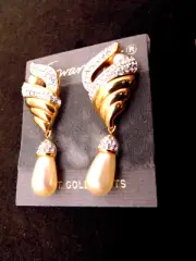 New Vtg 80s Swarovski Conch Shell Pearl Drop Pave Crystal 14K Gold Post Earrings