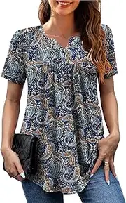 [GingDin] Womens Plus Size Casual V Neck Tops Short Sleeve Pleated Tunic Tops Shirts Floral Print Blouses Fashion Trendy Size 16-34